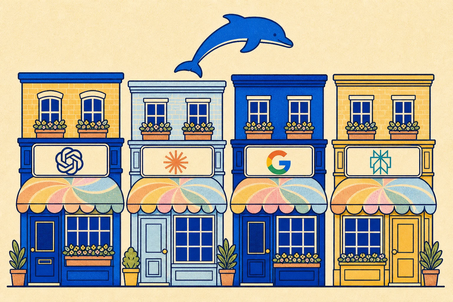 The AI Search high street, a row of shopfronts standing in for AI engines, with the Schmitdy dolphin leaping over the street toward the harbour