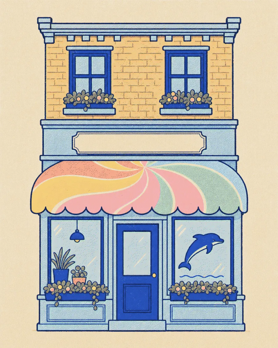 Schmitdy HQ, a high-street shopfront with a candy-swirl awning and the dolphin painted on the window