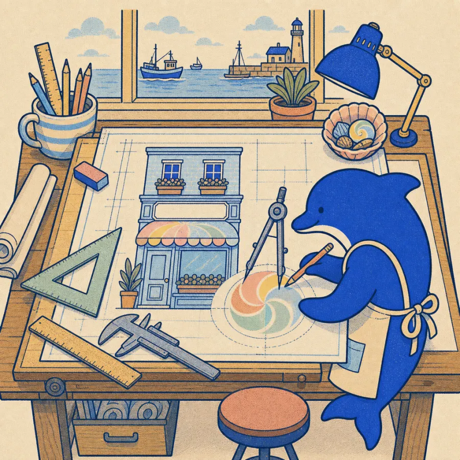 An engineer's drafting table with a shopfront blueprint and a candy-swirl drawn with a compass