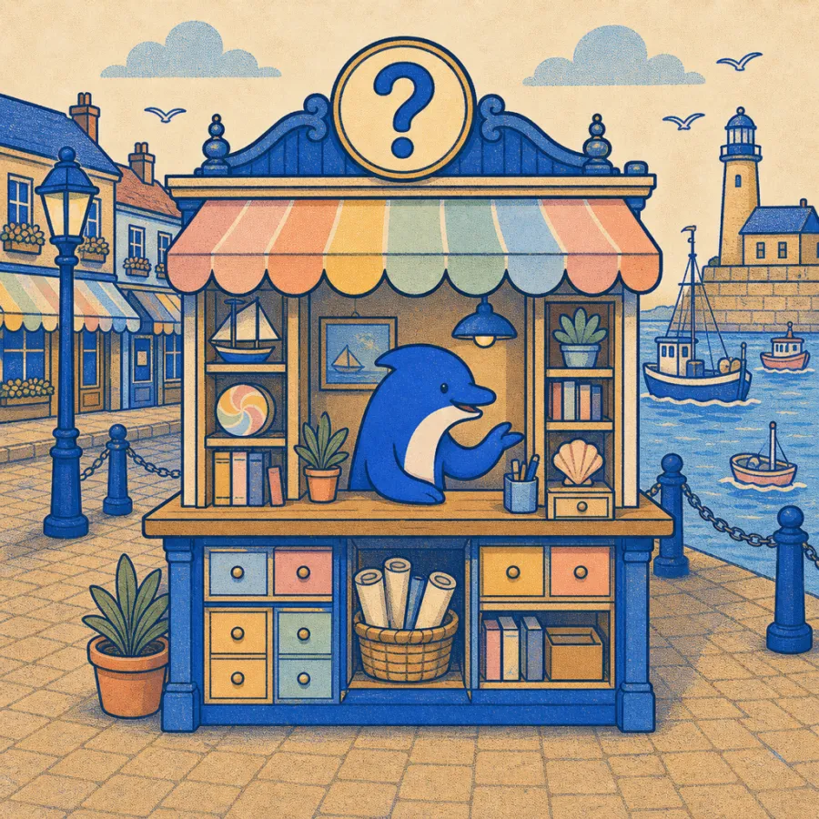 A harbourmaster's information booth, the dolphin leaning out to answer a question