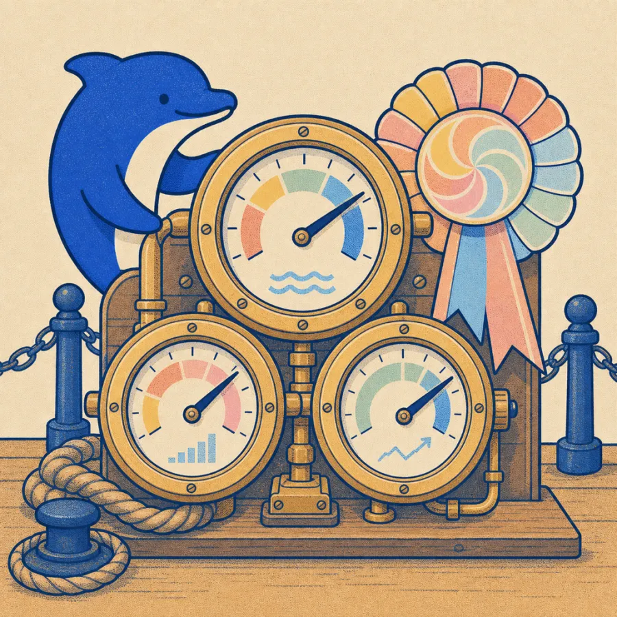 Three harbour gauges with needles climbing, beside a candy-striped money-back rosette