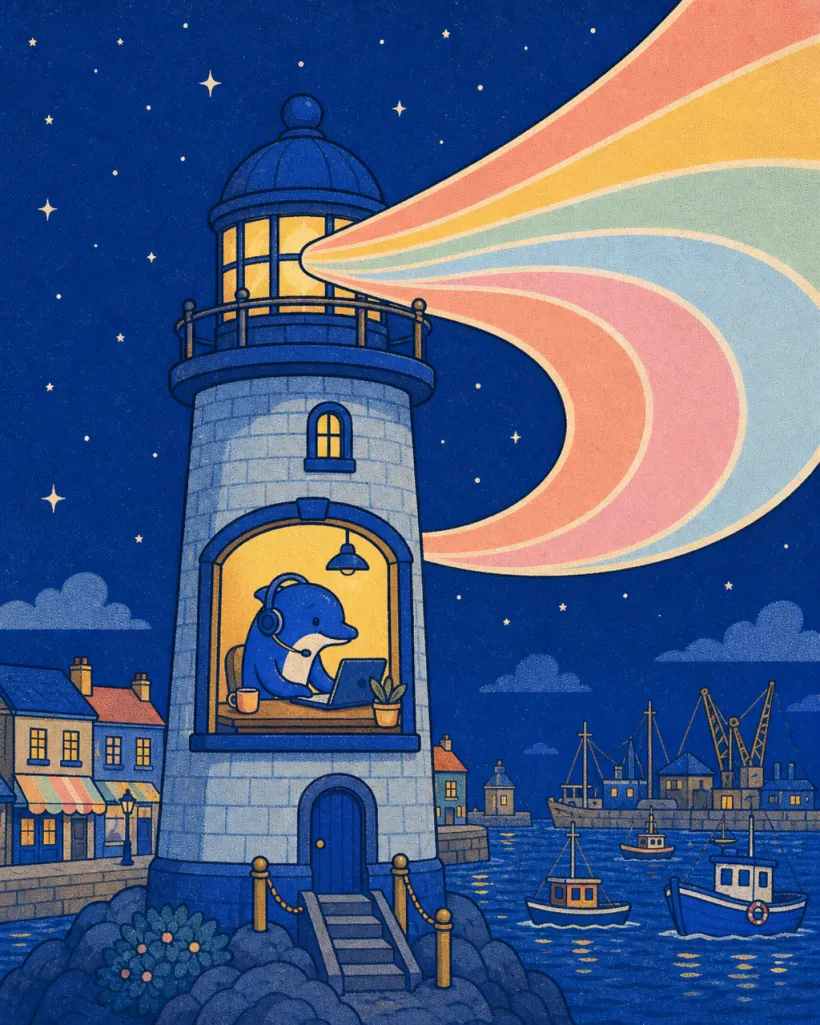 The dolphin keeping the lighthouse lit through the night