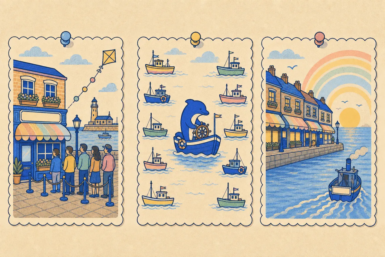 Three seaside postcards: a shop with a queue and a rising graph, one dolphin steering ten boats, and a row of thriving shops as an old agency boat sails away