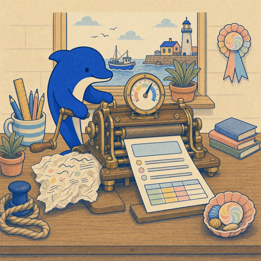 Riso print Schmitdy dolphin at a coastal printing press producing AI Overview ready pages