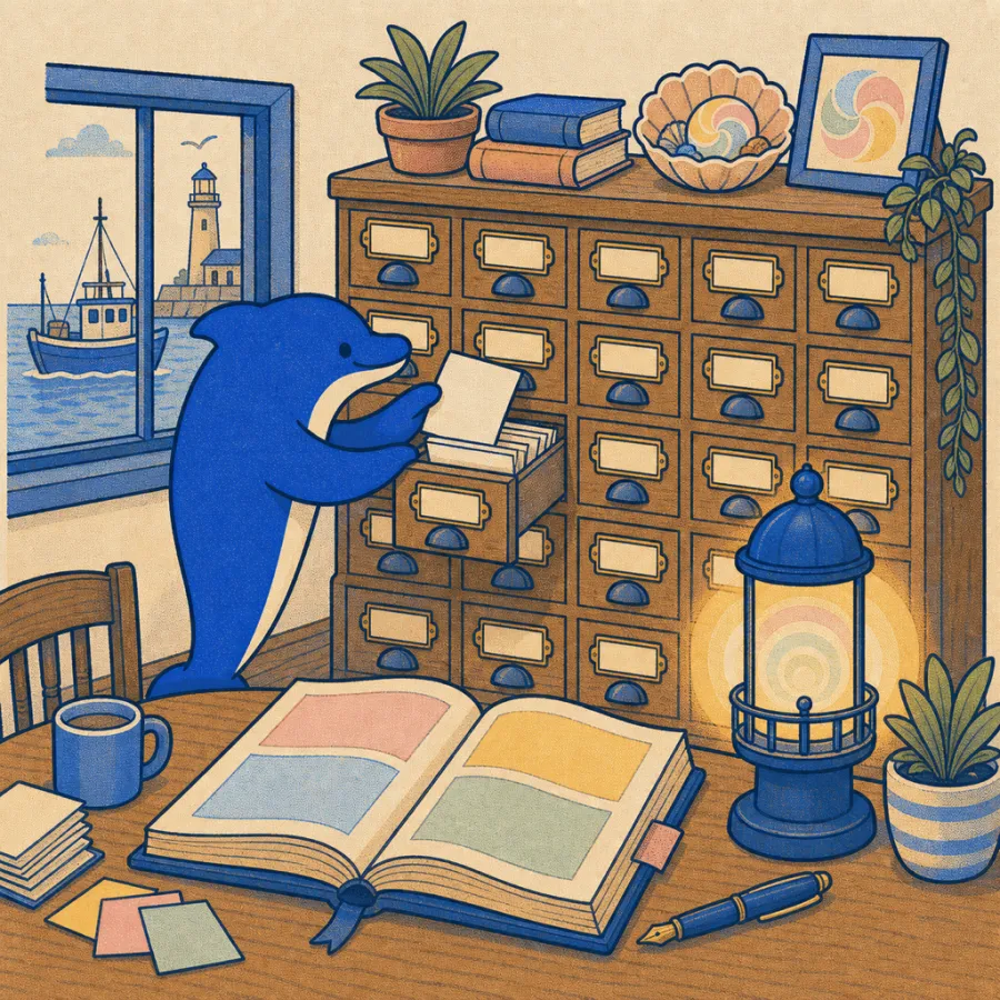 A wall of labelled memory drawers and a logbook beside a glowing lighthouse lamp, the dolphin filing a note