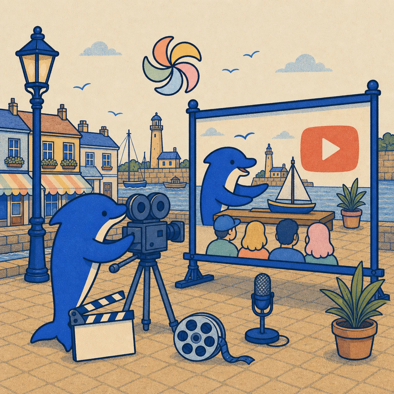 The Schmitdy dolphin filming a harbour explainer and showing the finished YouTube video