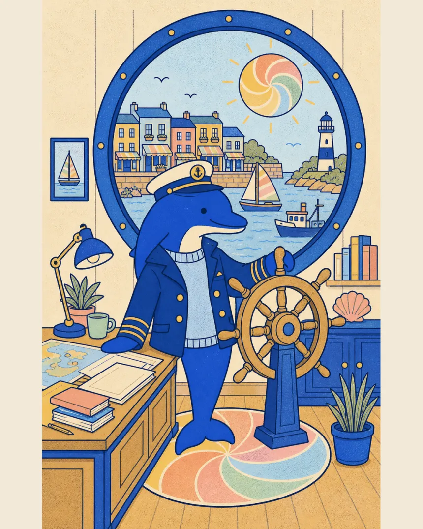 The Schmitdy dolphin as harbourmaster at the ship's wheel, overlooking the harbour town