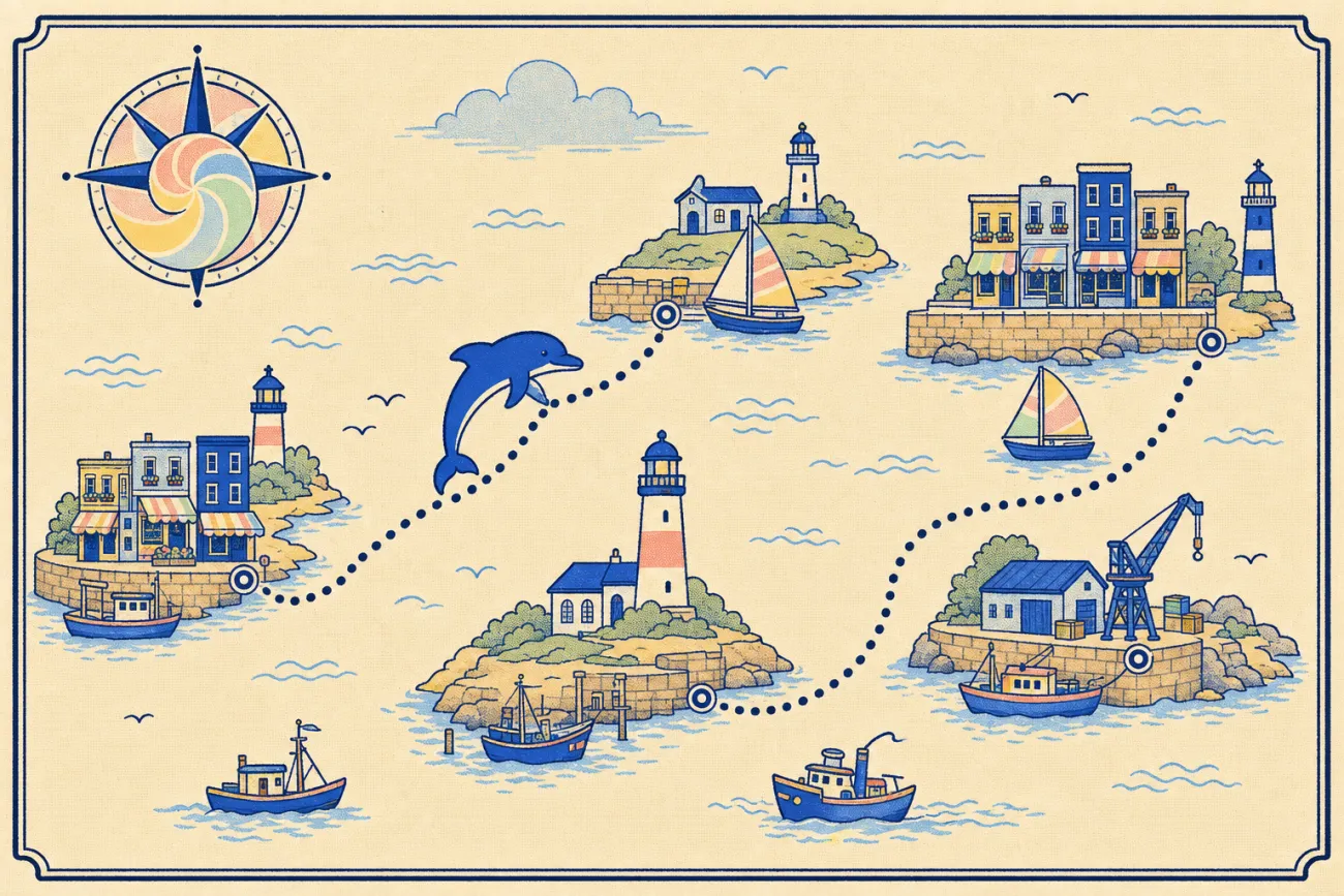 A nautical chart charting the career voyage from port to port, the dolphin tracing the route