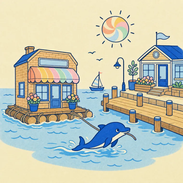 A shopfront towed by the dolphin to a new dock