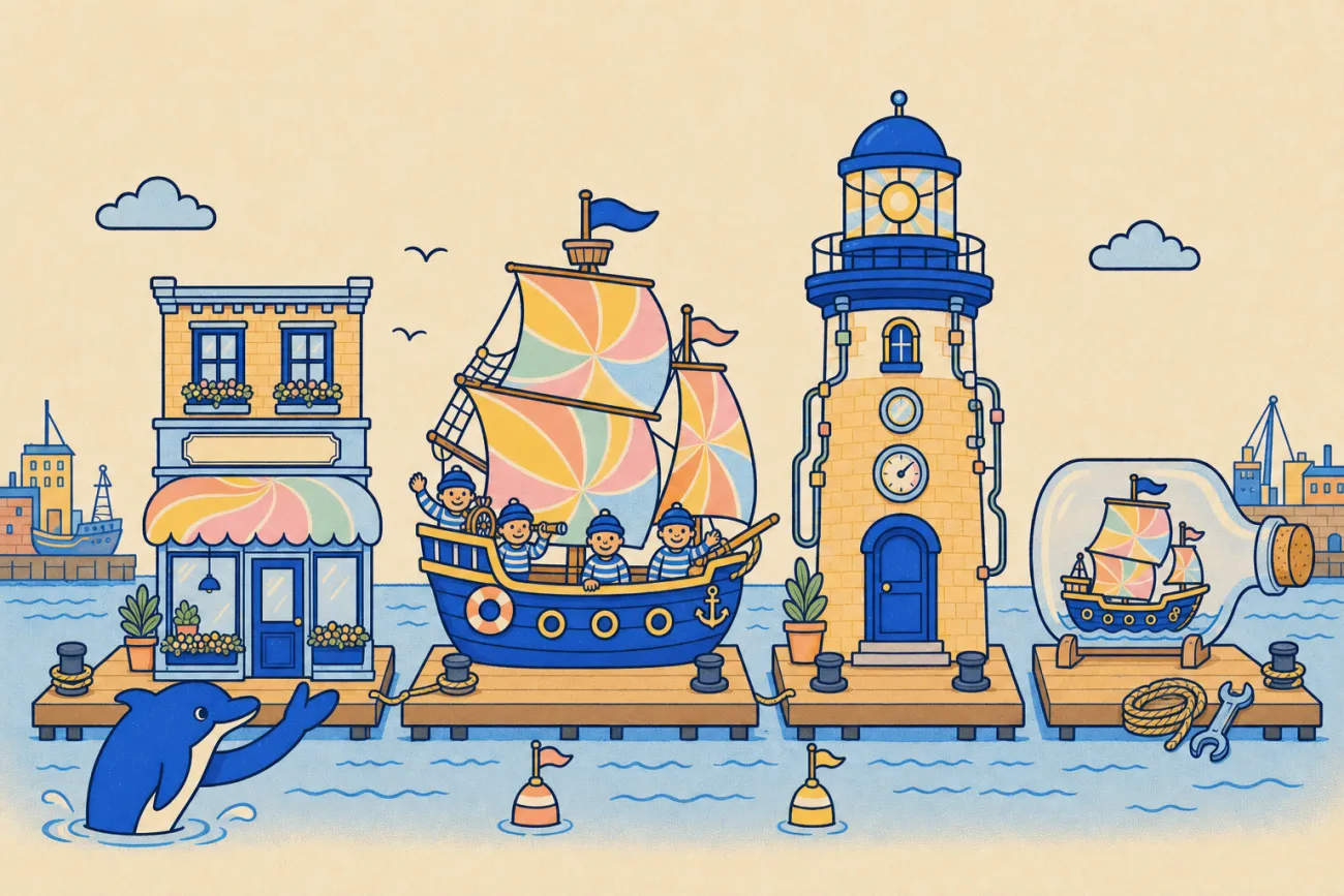The four shapes in the harbour, a renovated shopfront, a crewed ship, a lighthouse, and a ship-in-a-bottle kit