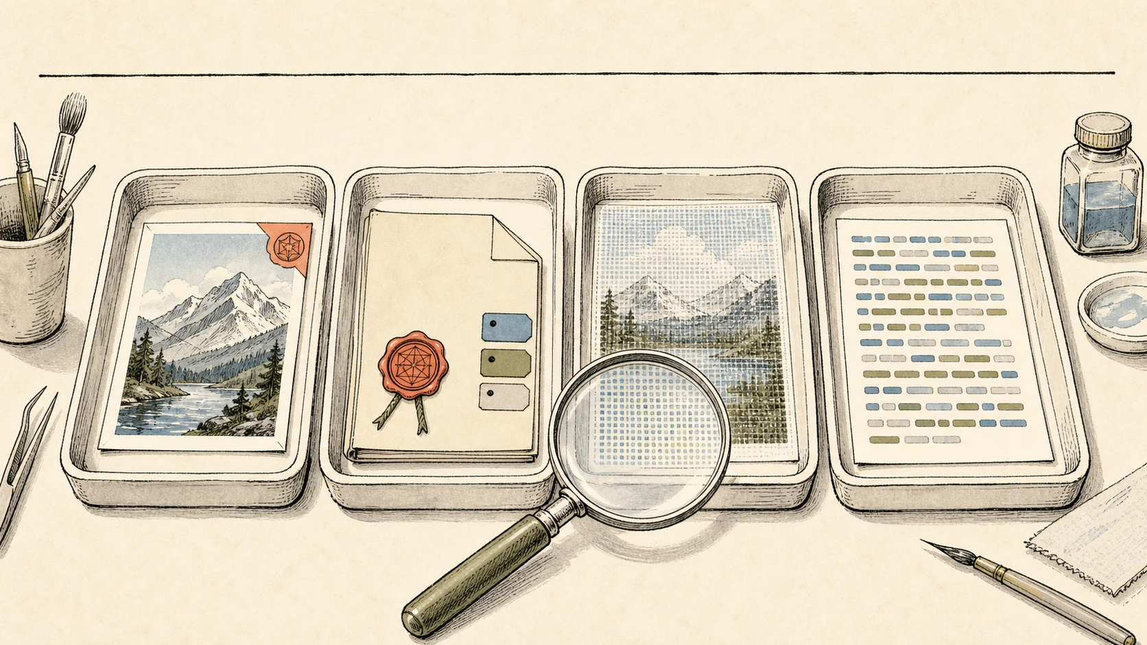Four evidence trays show a visible badge, signed file metadata, a pixel-embedded image mark and a token-level text pattern.